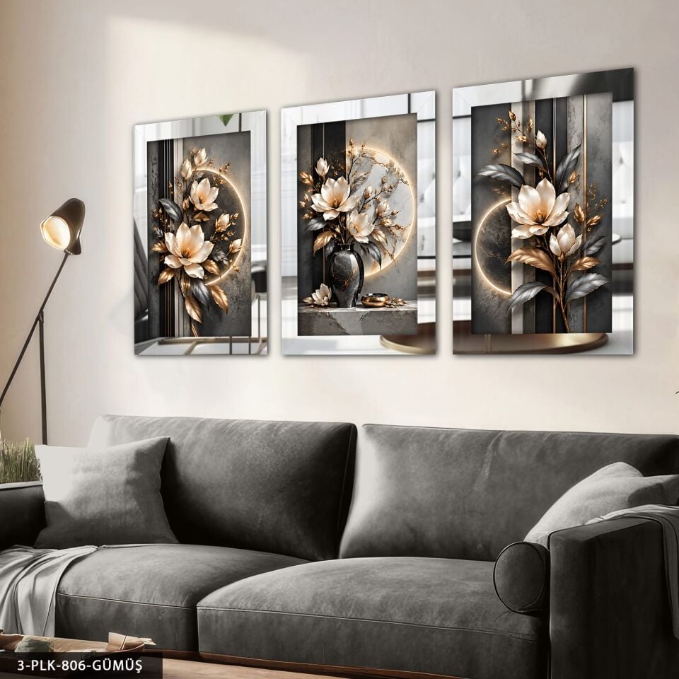 Gold Gümüş Yapraklı Çiçek 3 Parça Pleksi Aynalı Tablo Gümüş - 50 x 70 CM