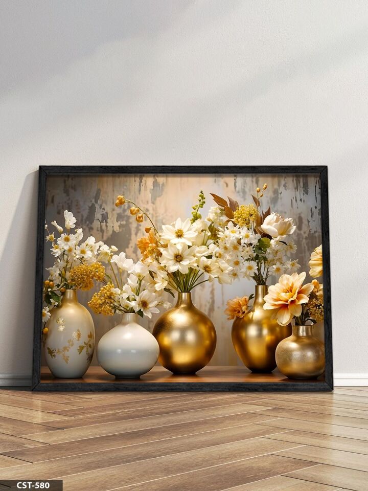 Gold Vazoda Çiçekler Tek Parça Ahşap Çerçeveli Tablo Siyah - 30 x 40 CM