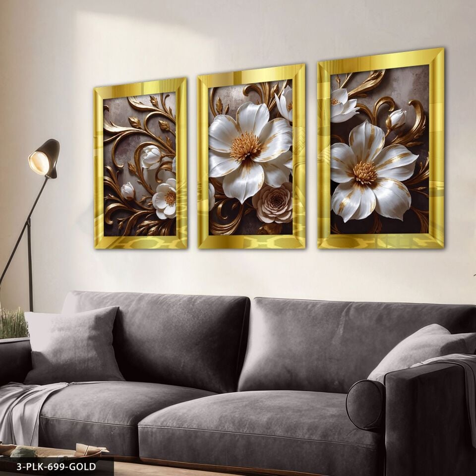 Gold Detaylı Beyaz Çiçek 3 Parça Pleksi Aynalı Tablo 60 x 80 CM - Gold