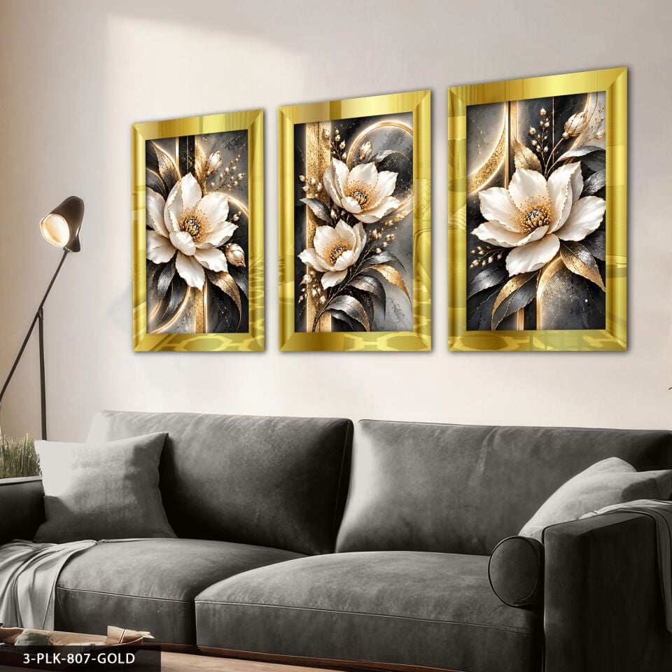 Gold Işıltılı Beyaz Çiçek 3 Parça Pleksi Aynalı Tablo