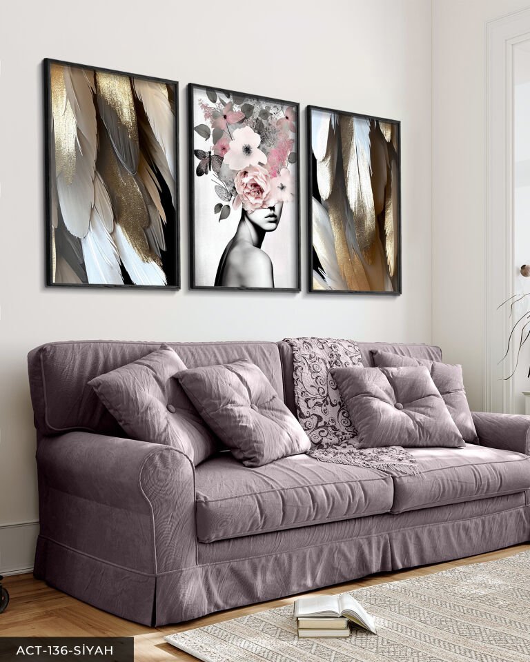 Pembe Çiçekli Portre 3 Parça Ahşap Çerçeveli Tablo ACT Siyah - 40 x 60 CM