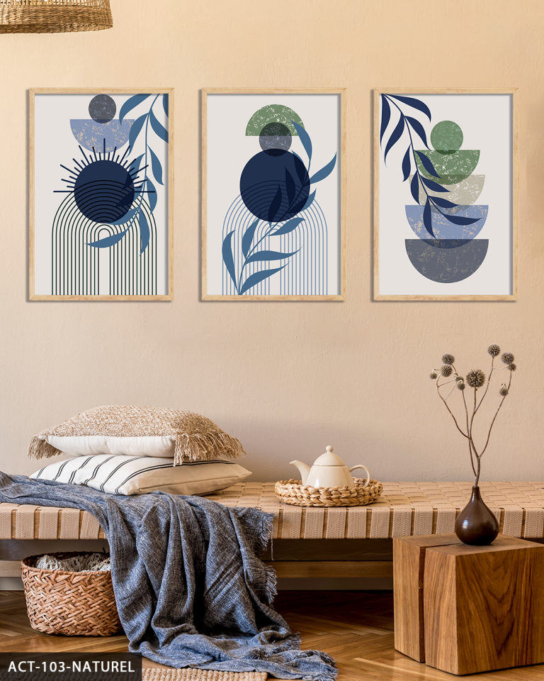 Minimalist Boho Tarzı Yaprak 3 Parça Ahşap Çerçeveli Tablo ACT Naturel - 30 x 40 CM