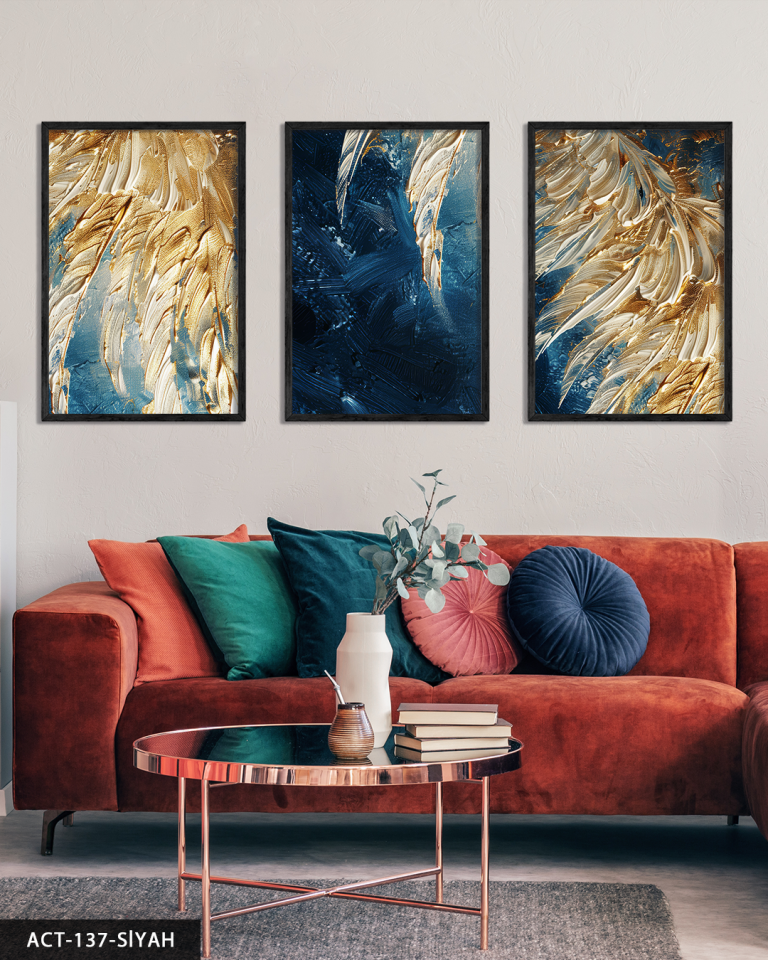Gold Detaylı Kabartma 3 Parça Ahşap Çerçeveli Tablo ACT Siyah - 40 x 60 CM