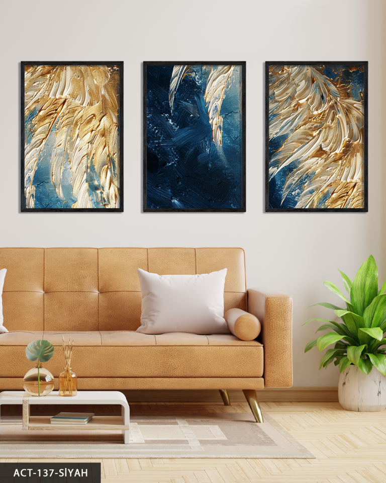 Gold Detaylı Kabartma 3 Parça Ahşap Çerçeveli Tablo ACT Siyah - 40 x 60 CM