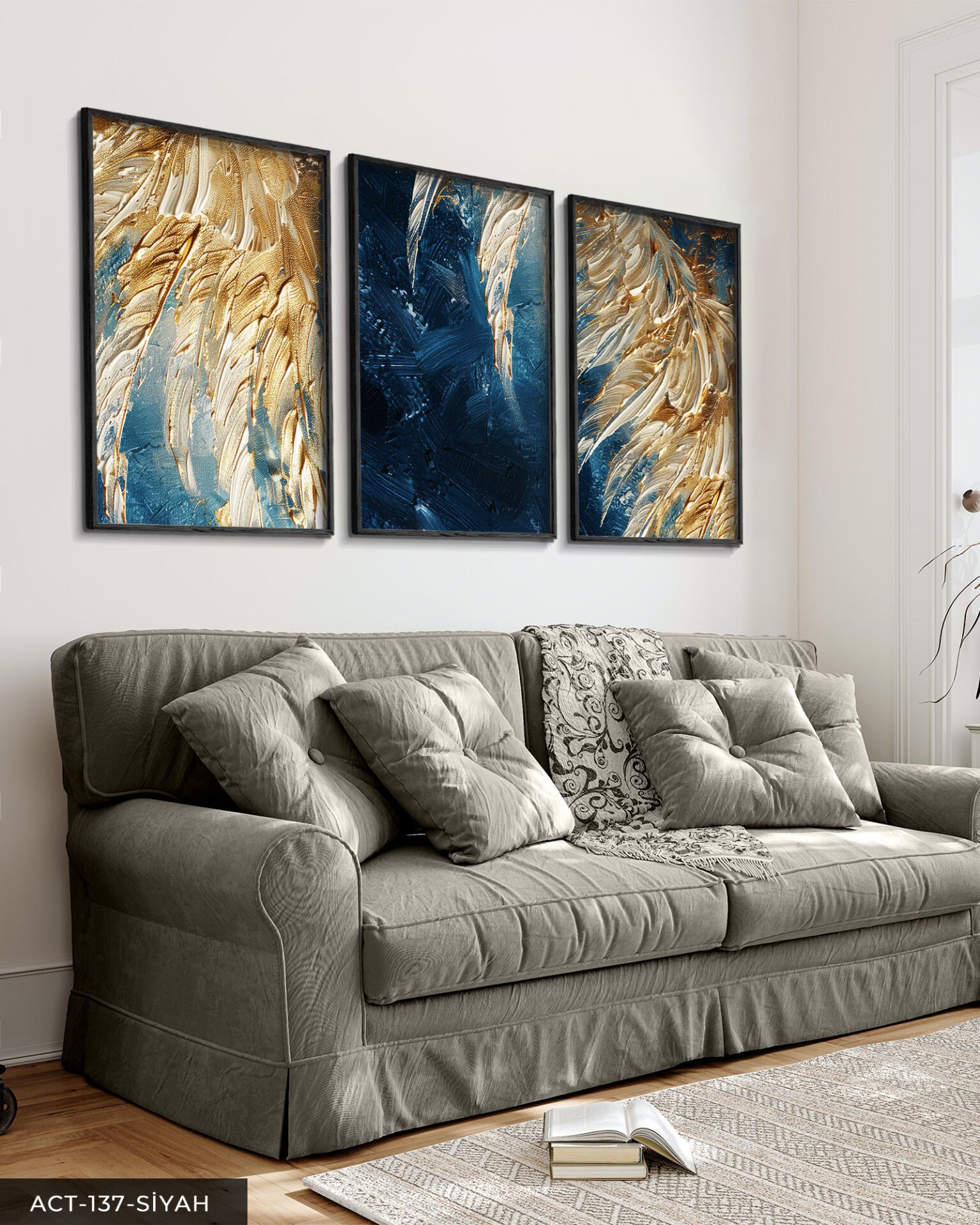 Gold Detaylı Kabartma 3 Parça Ahşap Çerçeveli Tablo ACT Siyah - 40 x 60 CM