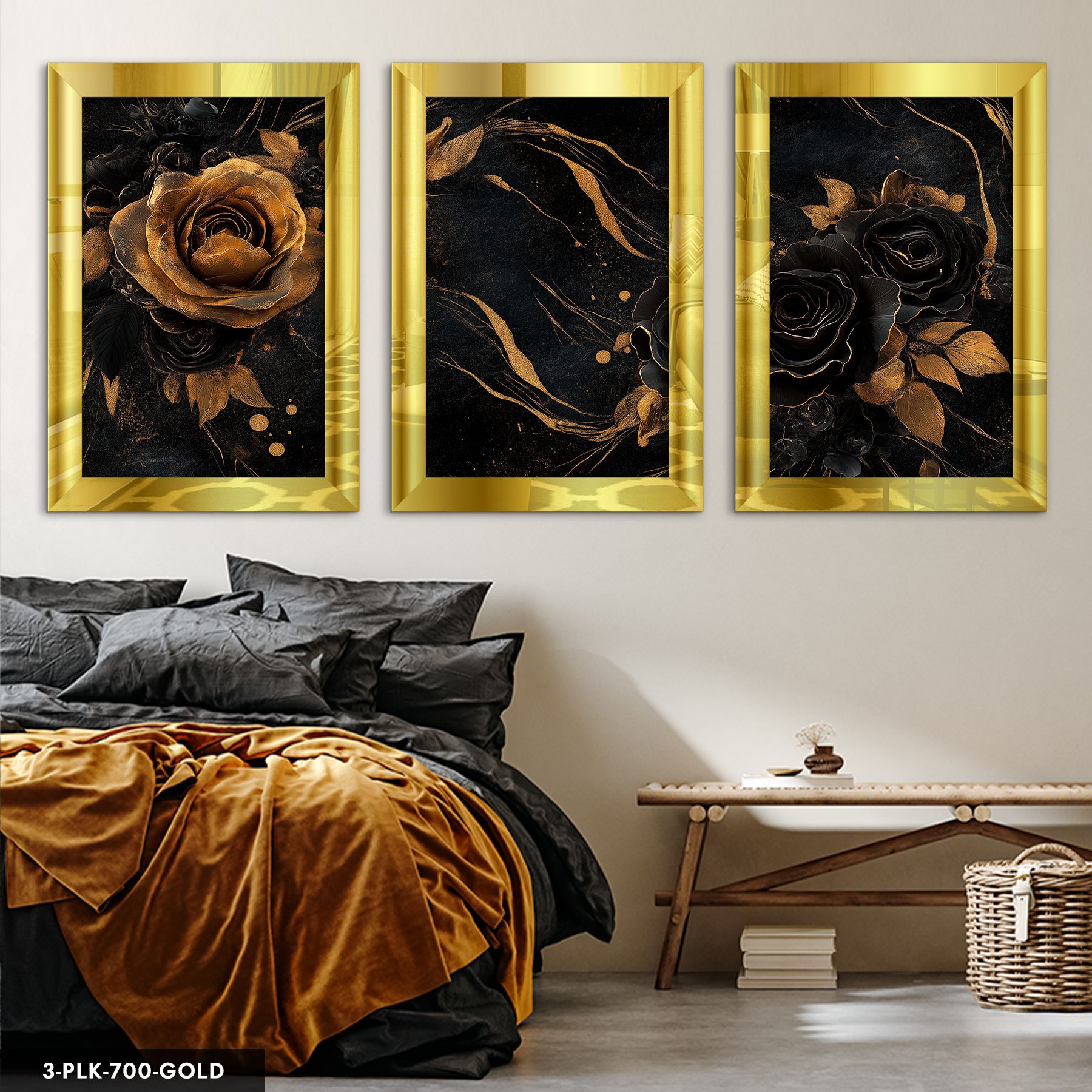 Siyah ve Gold Gül 3 Parça Pleksi Aynalı Tablo 60 x 80 CM - Gold