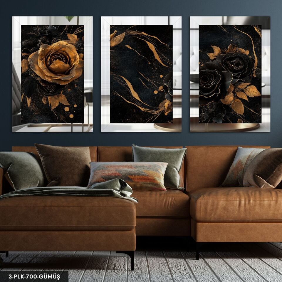 Siyah ve Gold Gül 3 Parça Pleksi Aynalı Tablo 60 x 80 CM - Gümüş