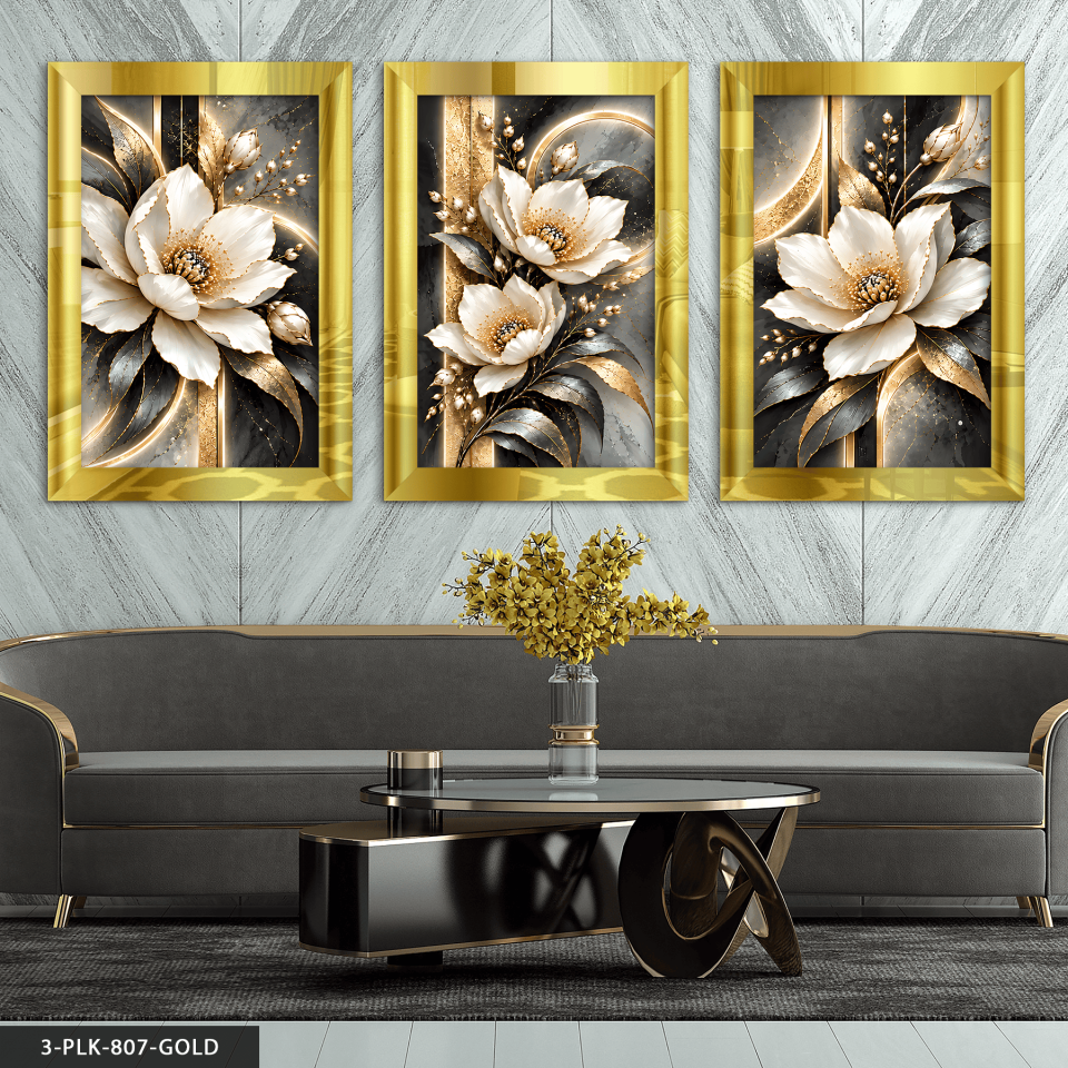 Gold Işıltılı Beyaz Çiçek 3 Parça Pleksi Aynalı Tablo 40 x 60 CM - Gold