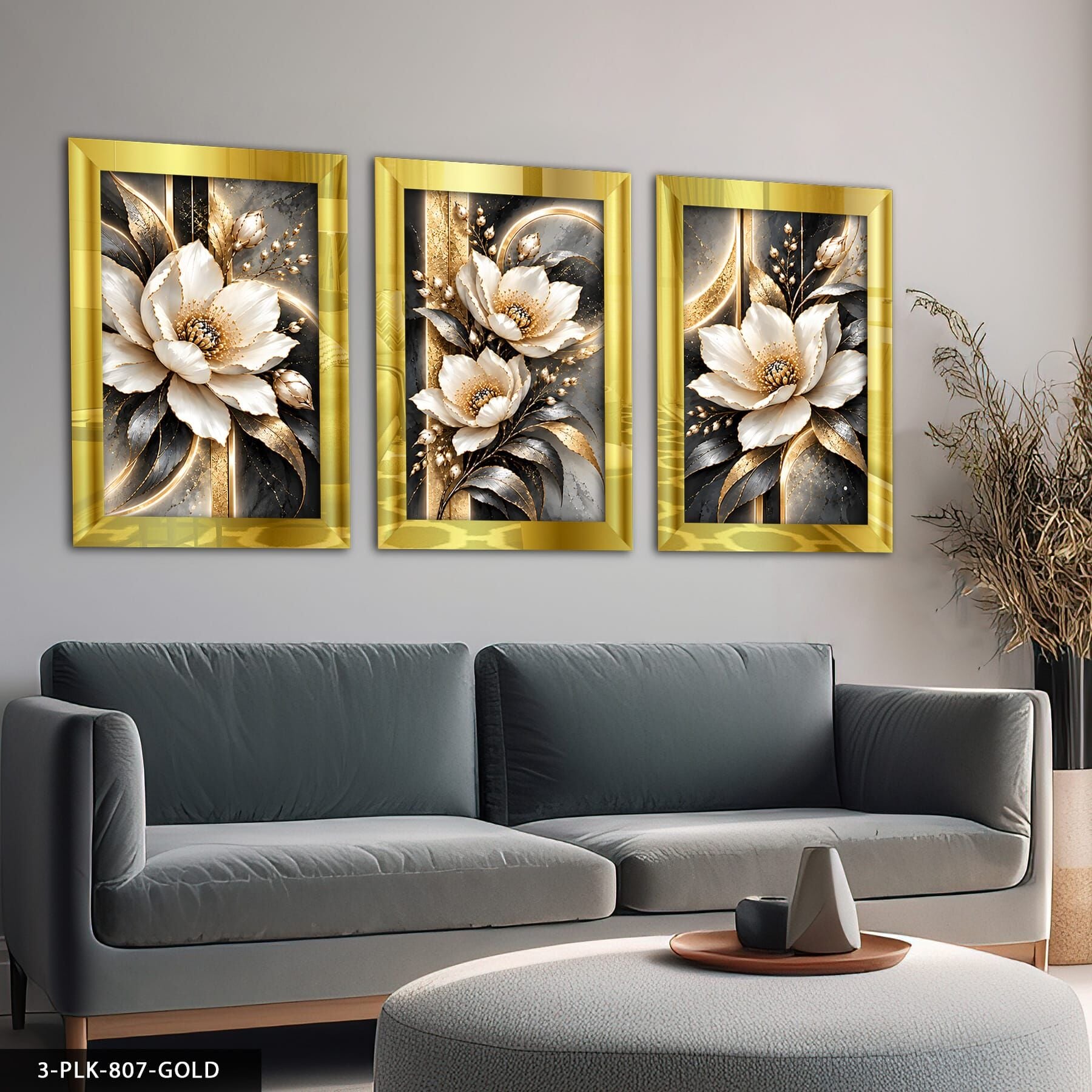 Gold Işıltılı Beyaz Çiçek 3 Parça Pleksi Aynalı Tablo 40 x 60 CM - Gold