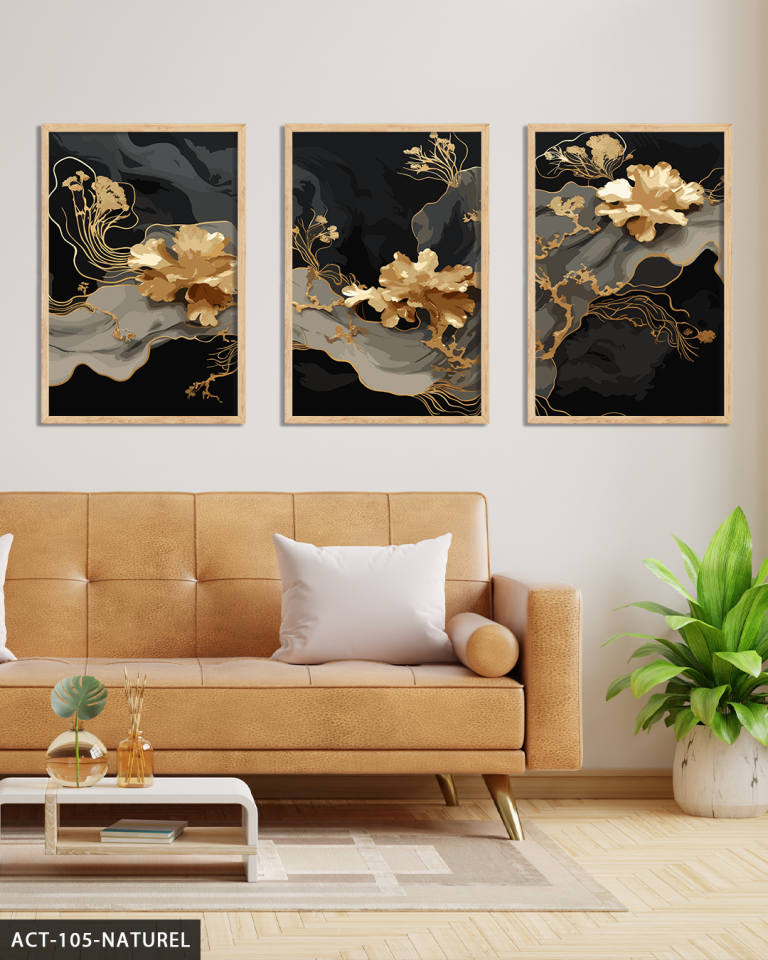 Boho Tarzı Gold Çiçek 3 Parça Ahşap Çerçeveli Tablo ACT Naturel - 30 x 40 CM