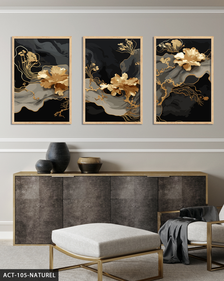 Boho Tarzı Gold Çiçek 3 Parça Ahşap Çerçeveli Tablo ACT Naturel - 30 x 40 CM