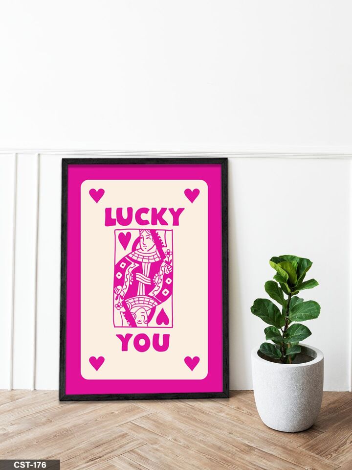 Şans Kartı - Parlak Pembe Tek Parça Ahşap Çerçeveli Tablo Siyah - 20 x 30 CM