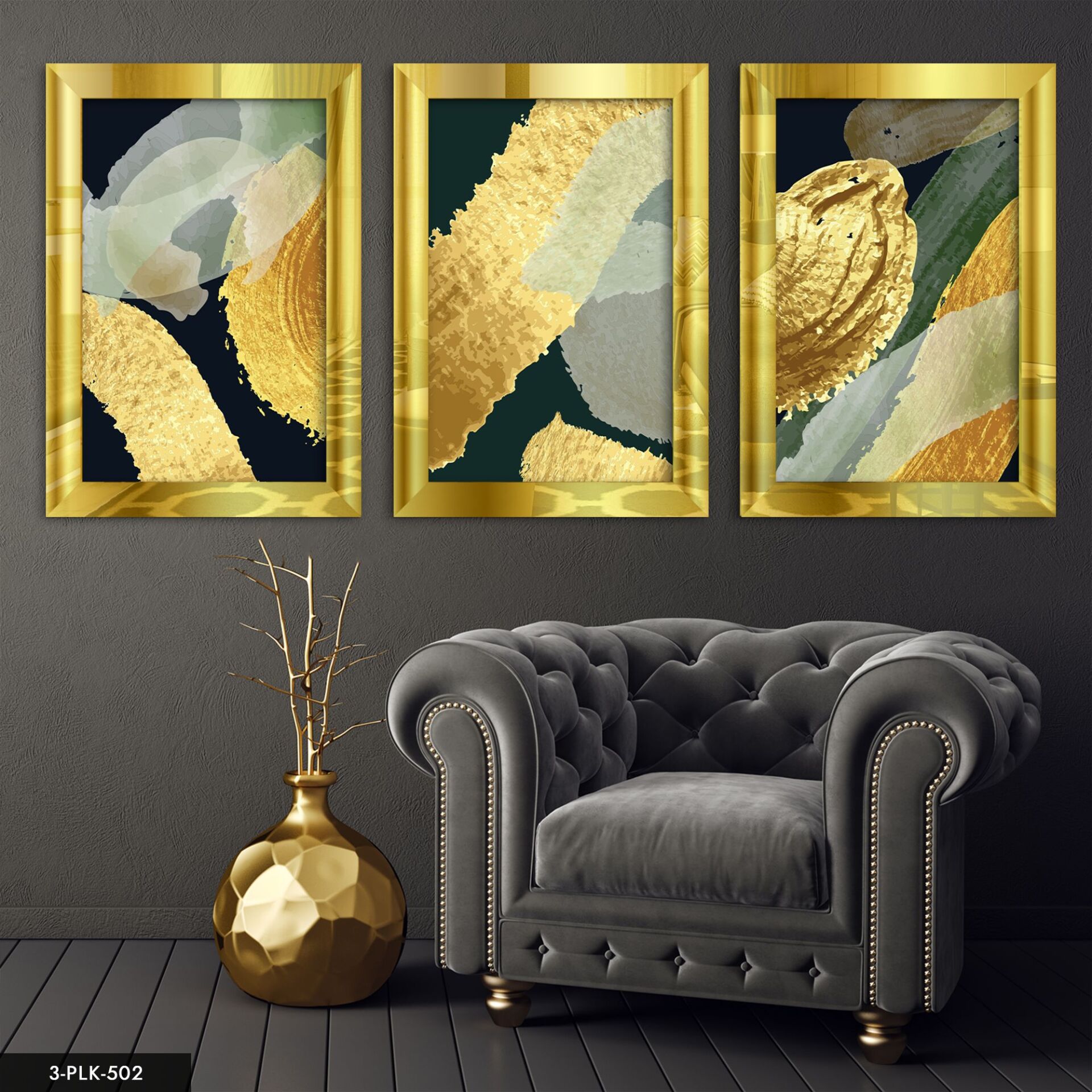 Soyut 3 Parça Pleksi Aynalı Tablo 20 x 30 CM - Gold