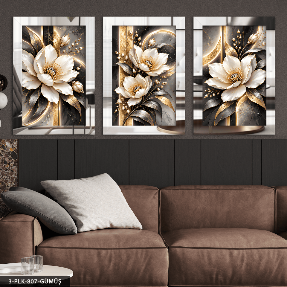 Gold Işıltılı Beyaz Çiçek 3 Parça Pleksi Aynalı Tablo Gümüş - 30 x 40 CM