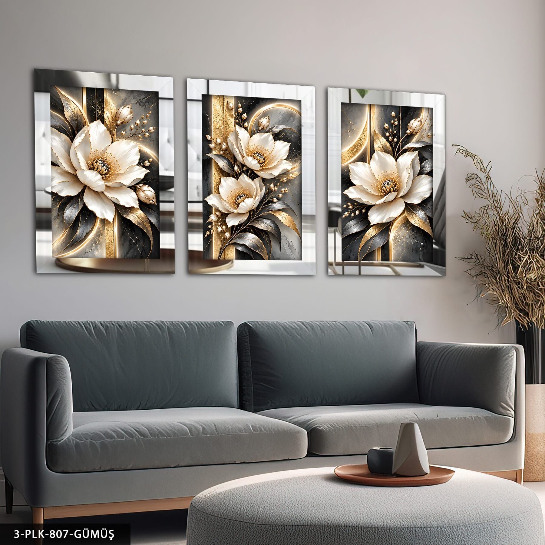 Gold Işıltılı Beyaz Çiçek 3 Parça Pleksi Aynalı Tablo Gümüş - 30 x 40 CM