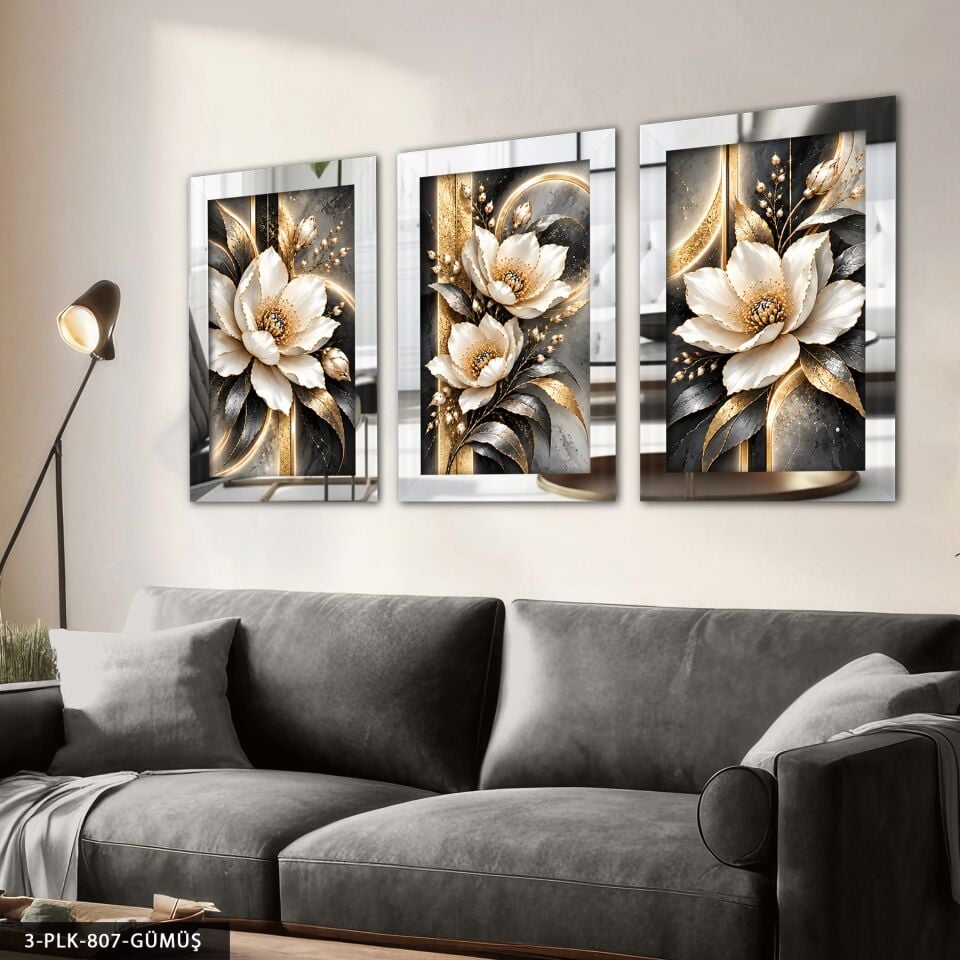Gold Işıltılı Beyaz Çiçek 3 Parça Pleksi Aynalı Tablo Gümüş - 30 x 40 CM