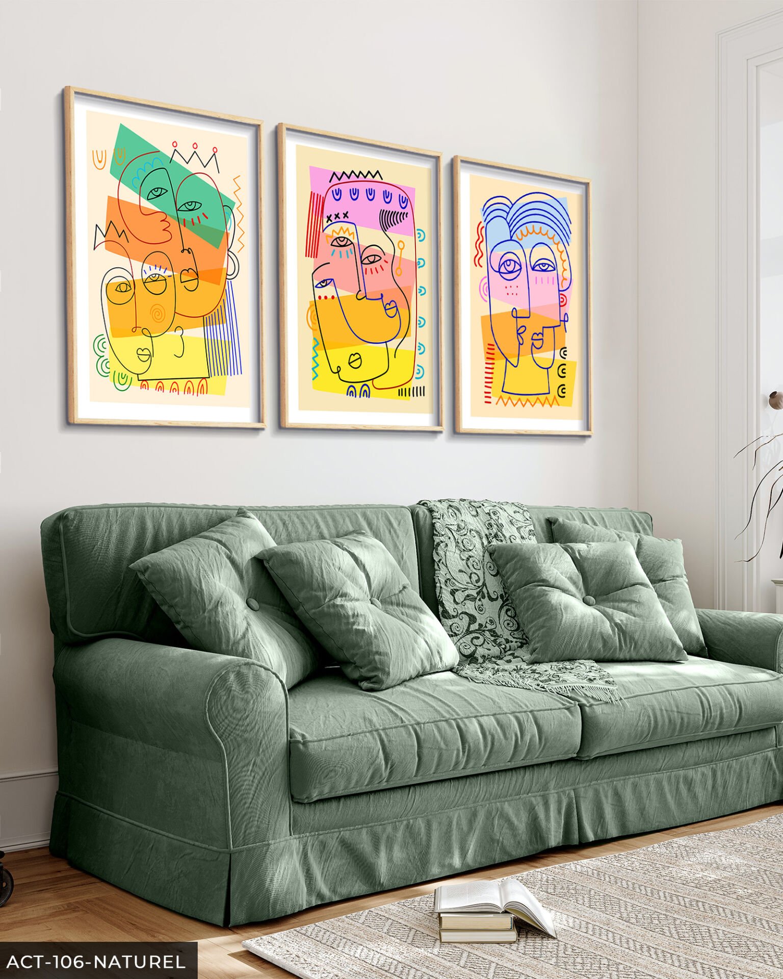 Şekilli Portreler 3 Parça Ahşap Çerçeveli Tablo ACT Naturel - 30 x 40 CM