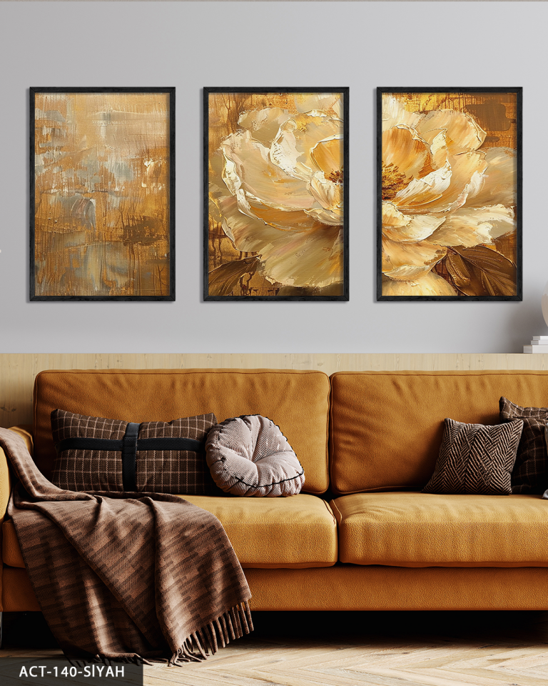 Gold Çiçek ve Yapraklar 3 Parça Ahşap Çerçeveli Tablo ACT Siyah - 40 x 60 CM