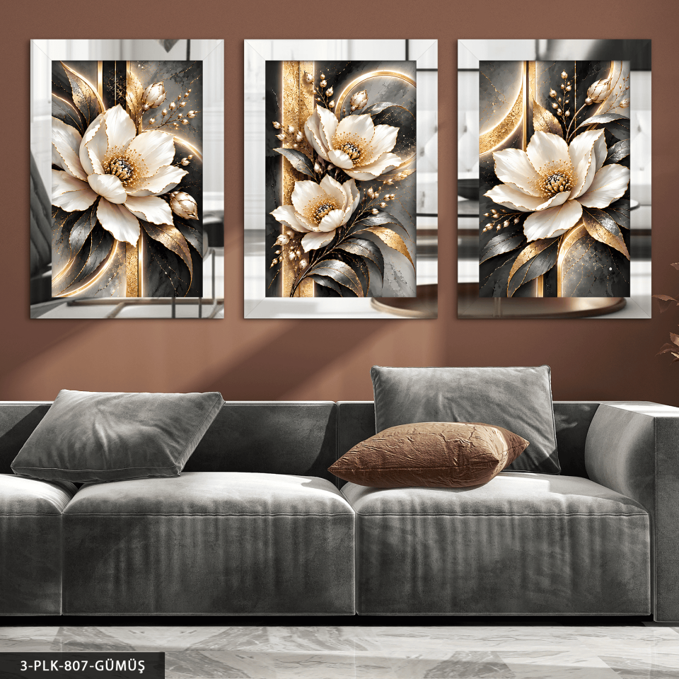 Gold Işıltılı Beyaz Çiçek 3 Parça Pleksi Aynalı Tablo Gümüş - 40 x 60 CM