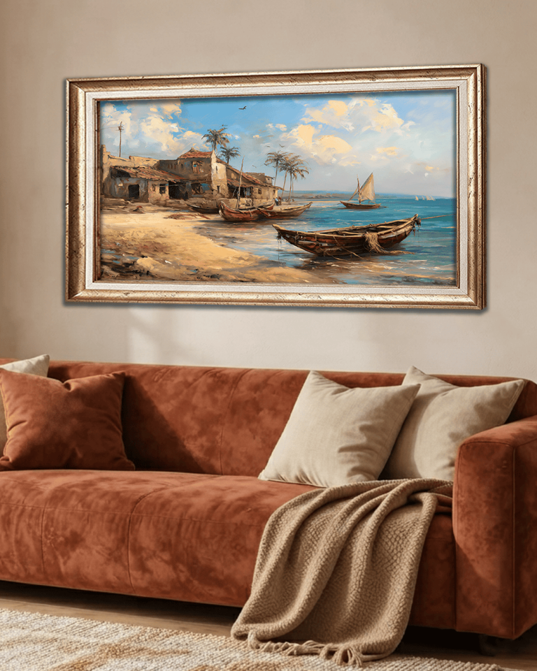 Deniz Kenarı Manzara Premium Çerçeveli Tek Parça Tablo 65X110 cm PRM Gümüş