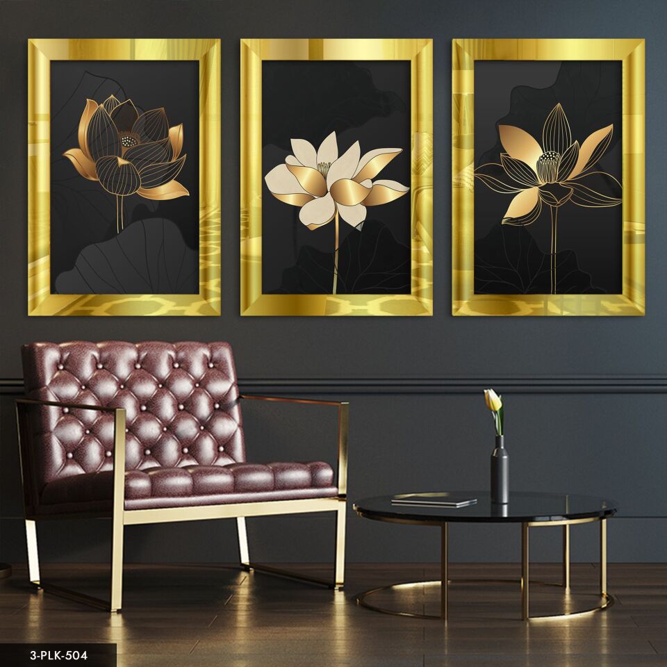 Soyut Çiçek 3 Parça Pleksi Aynalı Tablo 20 x 30 CM - Gold