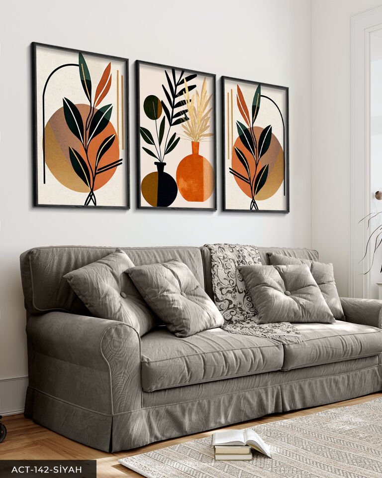 Boho Tarzında Vazoda Yapraklar 3 Parça Ahşap Çerçeveli Tablo ACT Siyah - 40 x 60 CM