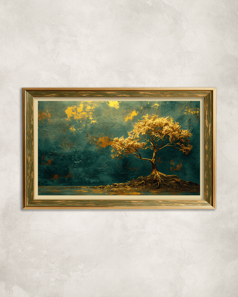 Gold Detaylı Ağaç Premium Çerçeveli Tek Parça Tablo 65X110 cm PRM