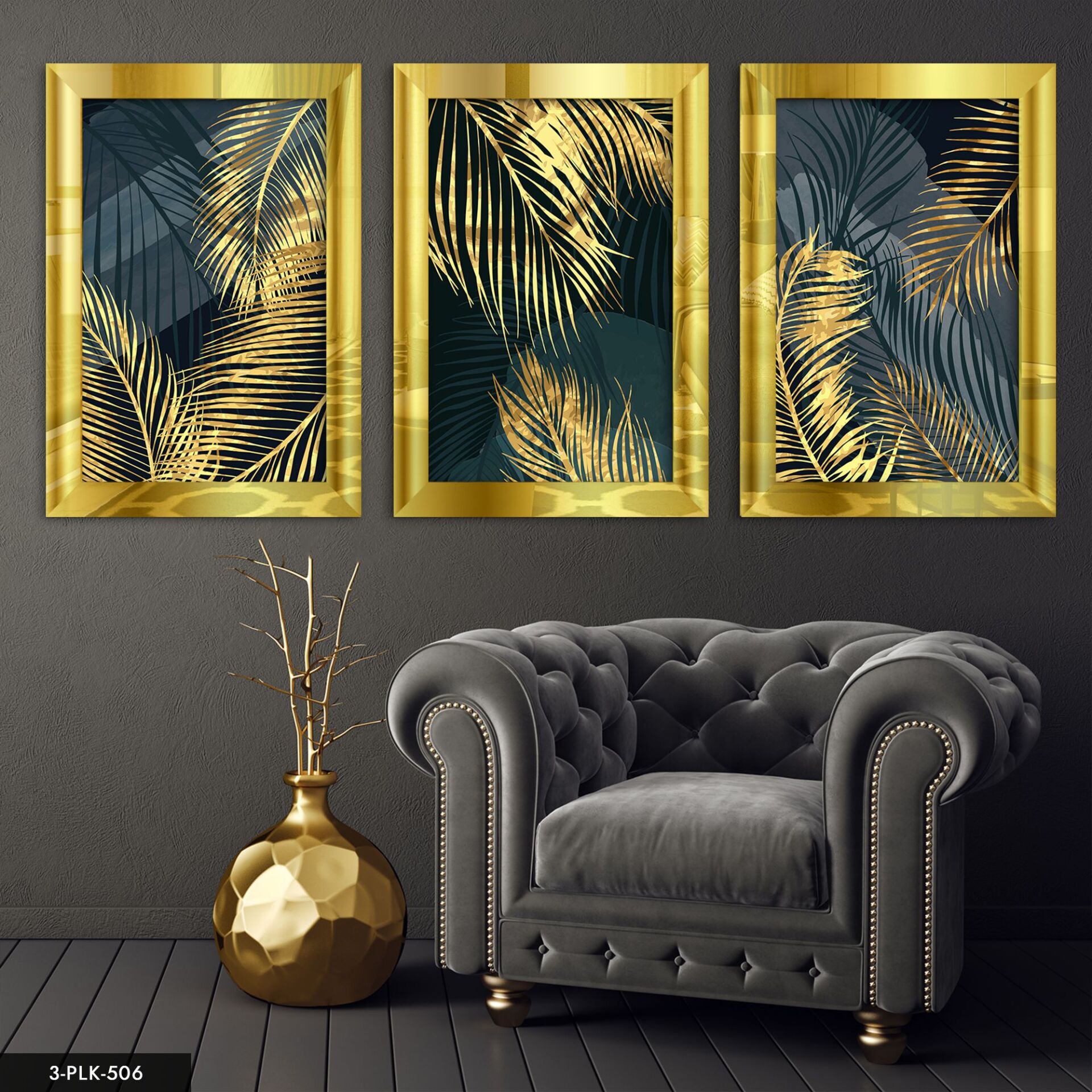 Yaprak 3 Parça Pleksi Aynalı Tablo 20 x 30 CM - Gold