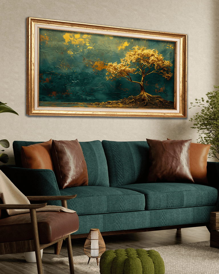 Gold Detaylı Ağaç Premium Çerçeveli Tek Parça Tablo 65X110 cm PRM Gold