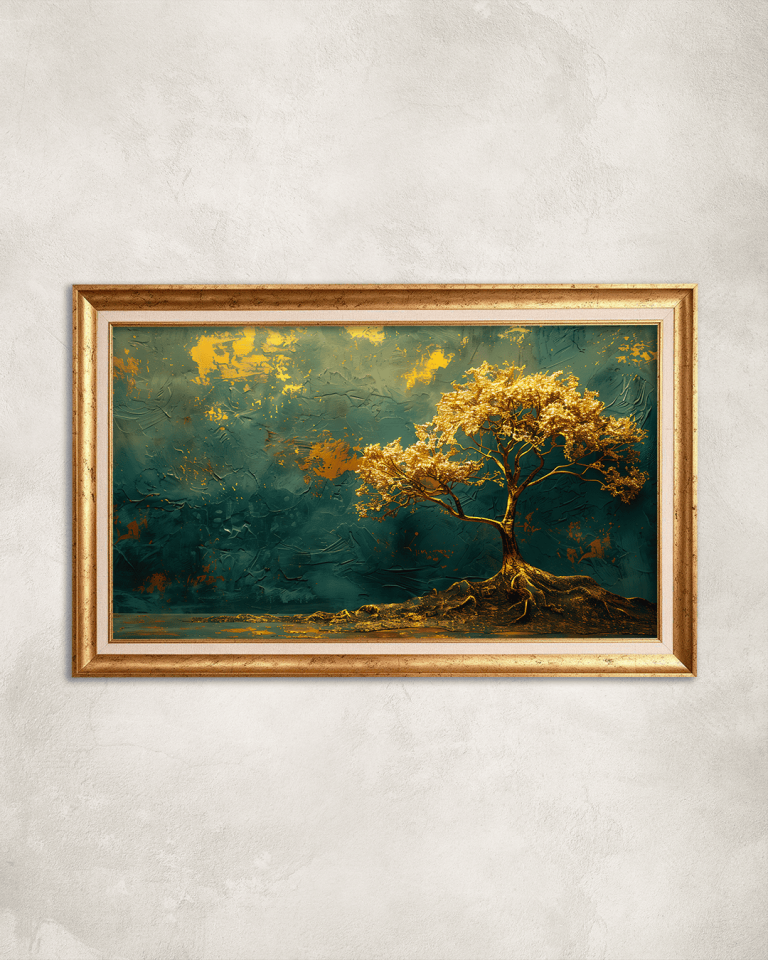 Gold Detaylı Ağaç Premium Çerçeveli Tek Parça Tablo 65X110 cm PRM Gold