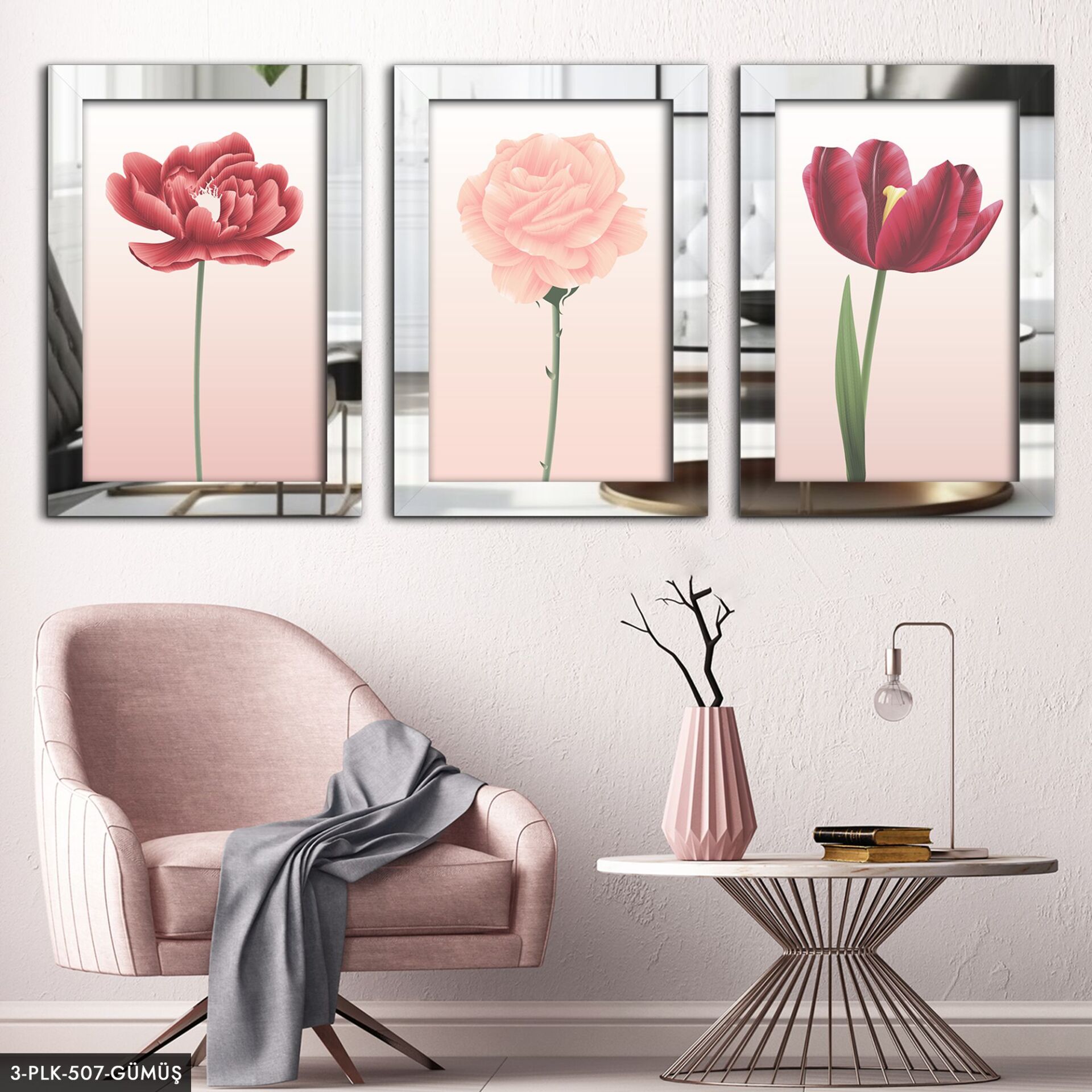 Çizim Çiçek 3 Parça Pleksi Aynalı Tablo 20 x 30 CM - Gümüş