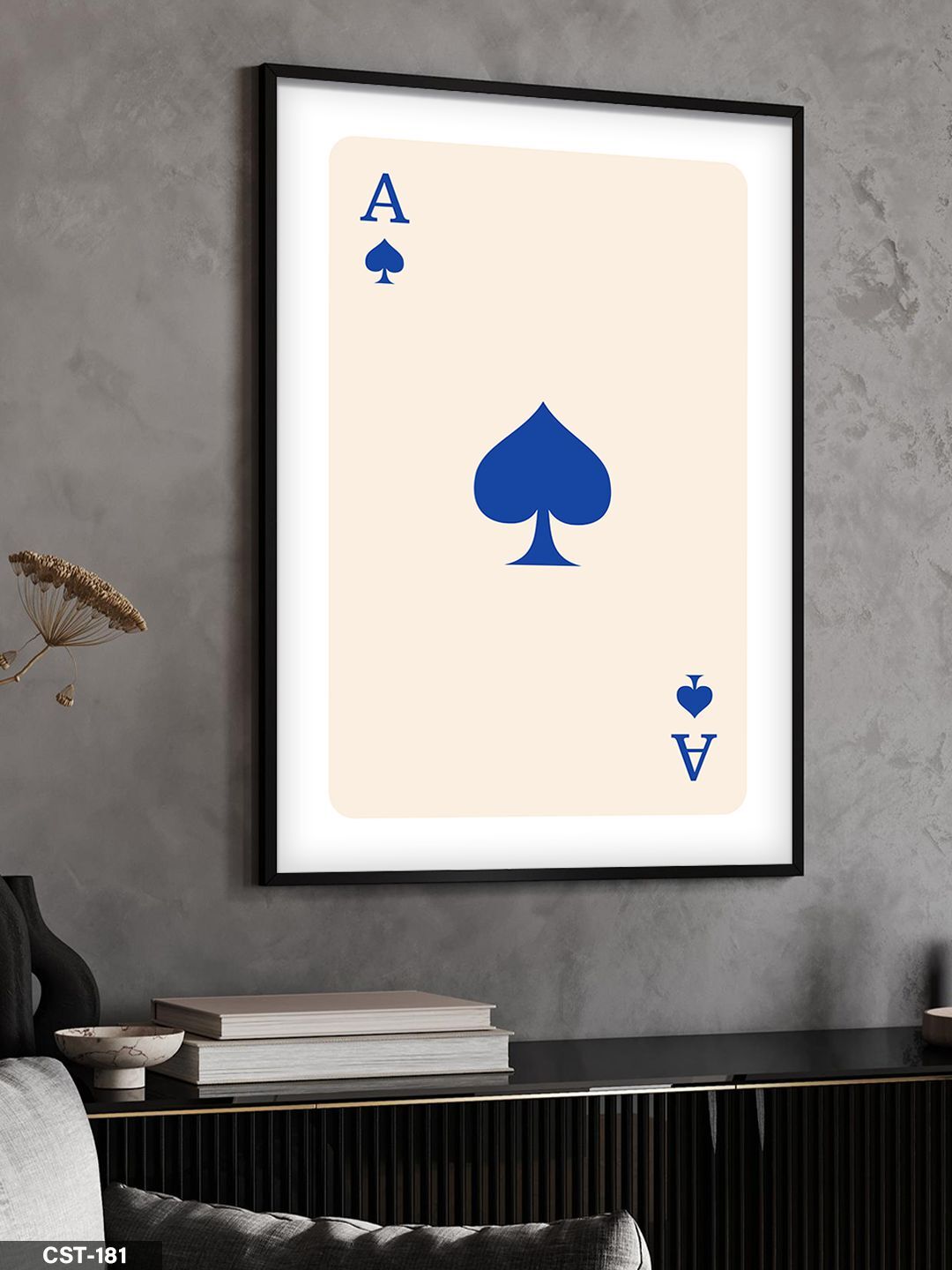 Maça Ası - Koyu Mavi Tek Parça Ahşap Çerçeveli Tablo Siyah - 20 x 30 CM