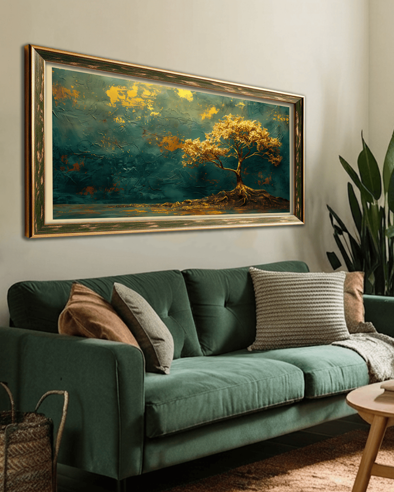 Gold Detaylı Ağaç Premium Çerçeveli Tek Parça Tablo 65X110 cm PRM Yeşil