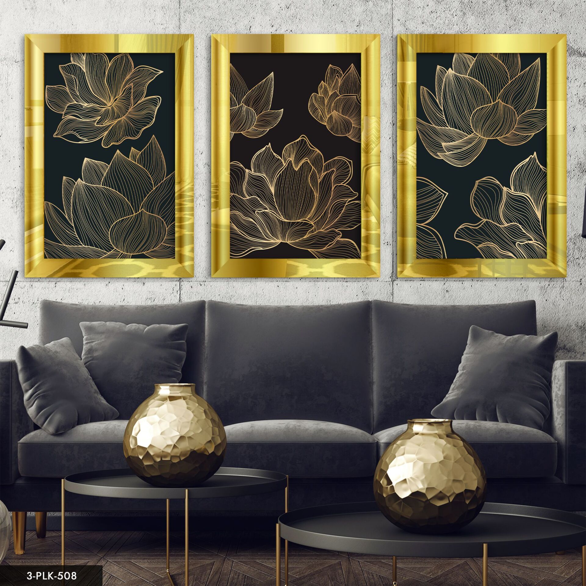 Çiçek 3 Parça Pleksi Aynalı Tablo 20 x 30 CM - Gold