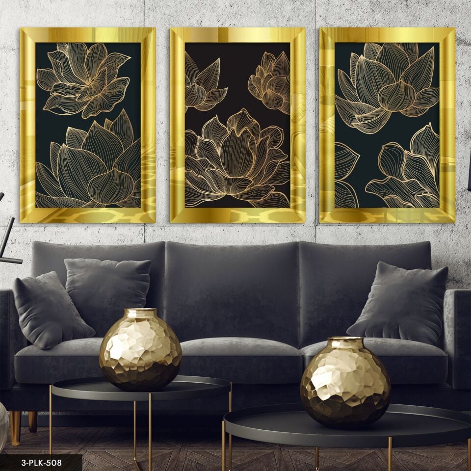 Çiçek 3 Parça Pleksi Aynalı Tablo 20 x 30 CM - Gold