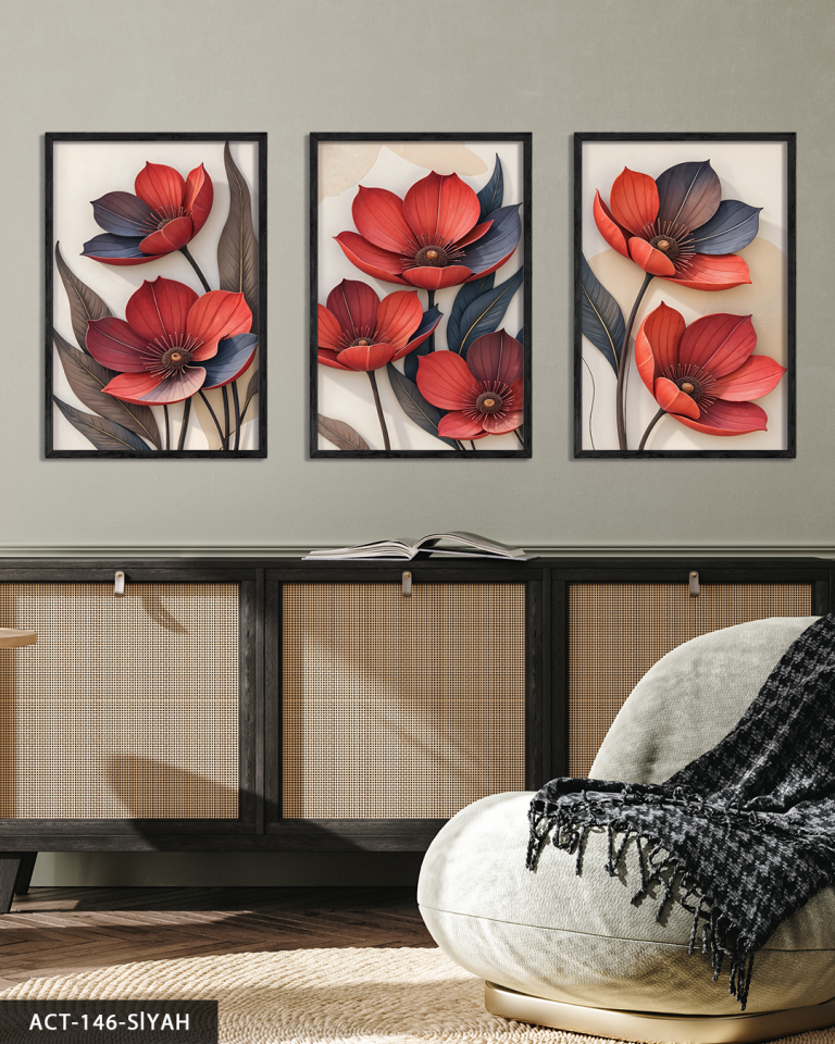 Kırmızı Çiçek 3 Parça Ahşap Çerçeveli Tablo ACT Siyah - 40 x 60 CM