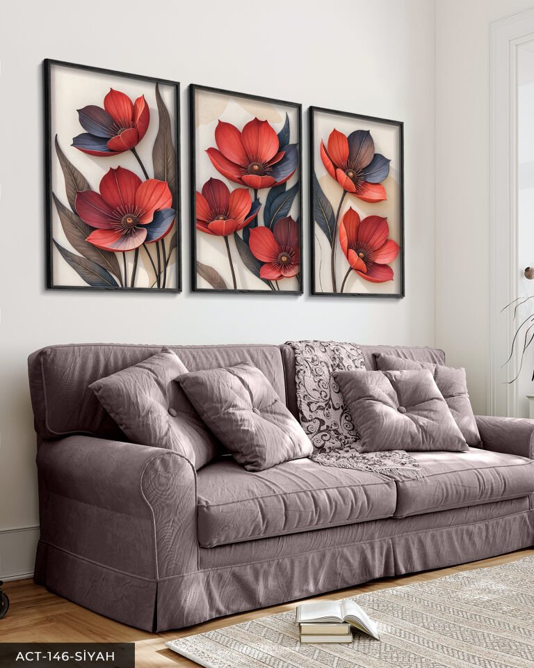 Kırmızı Çiçek 3 Parça Ahşap Çerçeveli Tablo ACT Siyah - 40 x 60 CM