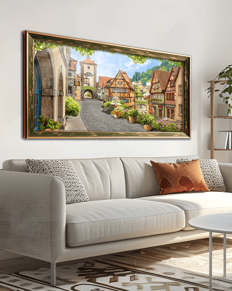 Çiçekli Sokak Premium Çerçeveli Tek Parça Tablo 65X110 cm PRM