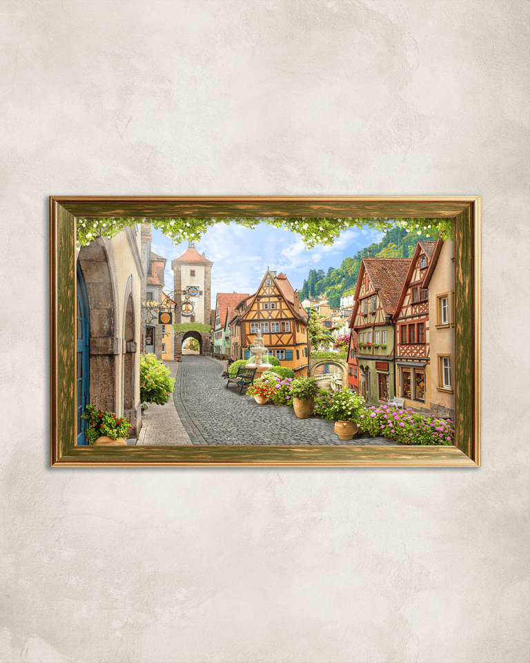 Çiçekli Sokak Premium Çerçeveli Tek Parça Tablo 65X110 cm PRM