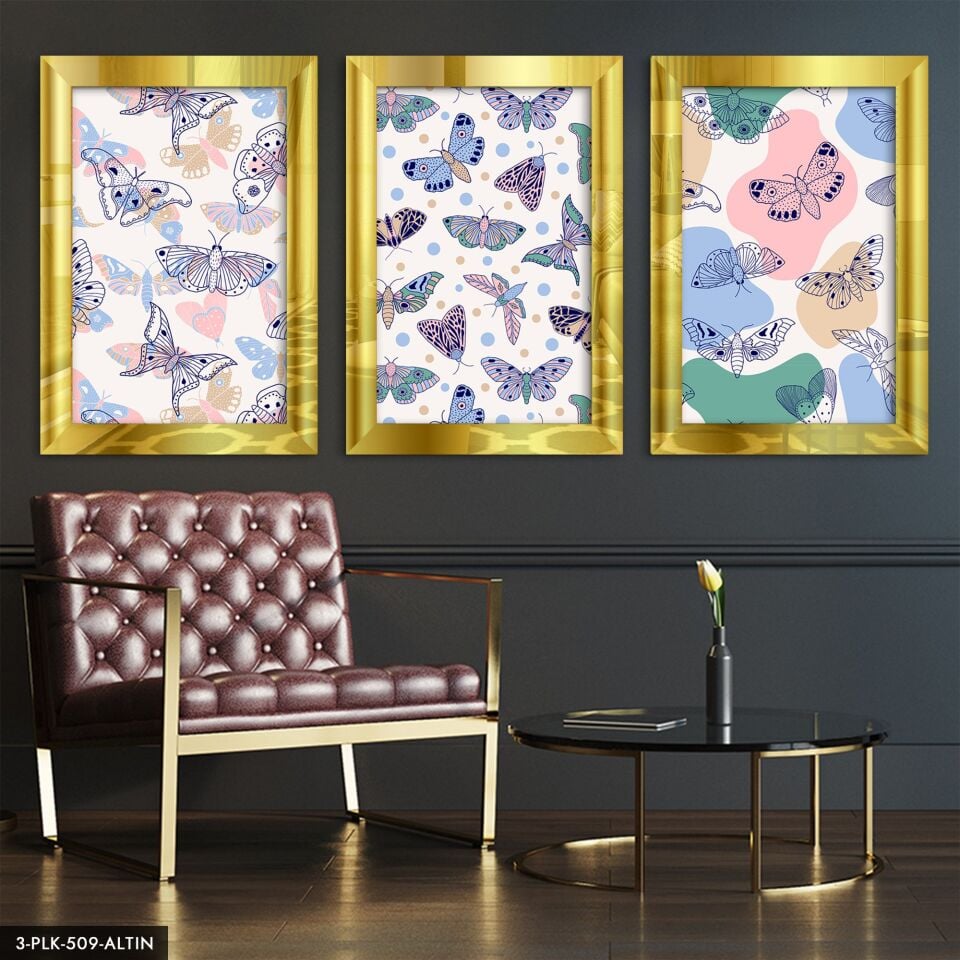 Renkli Kelebekler 3 Parça Pleksi Aynalı Tablo 20 x 30 CM - Gold