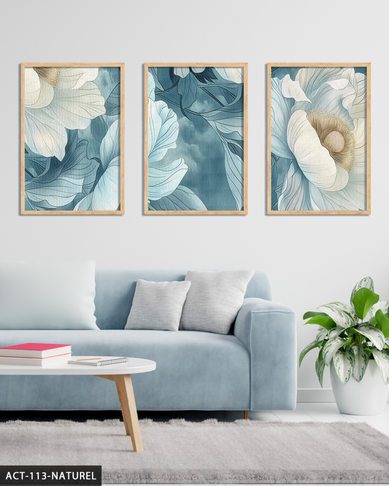Mavi Zeminde Beyaz Çiçek 3 Parça Ahşap Çerçeveli Tablo ACT Naturel - 30 x 40 CM