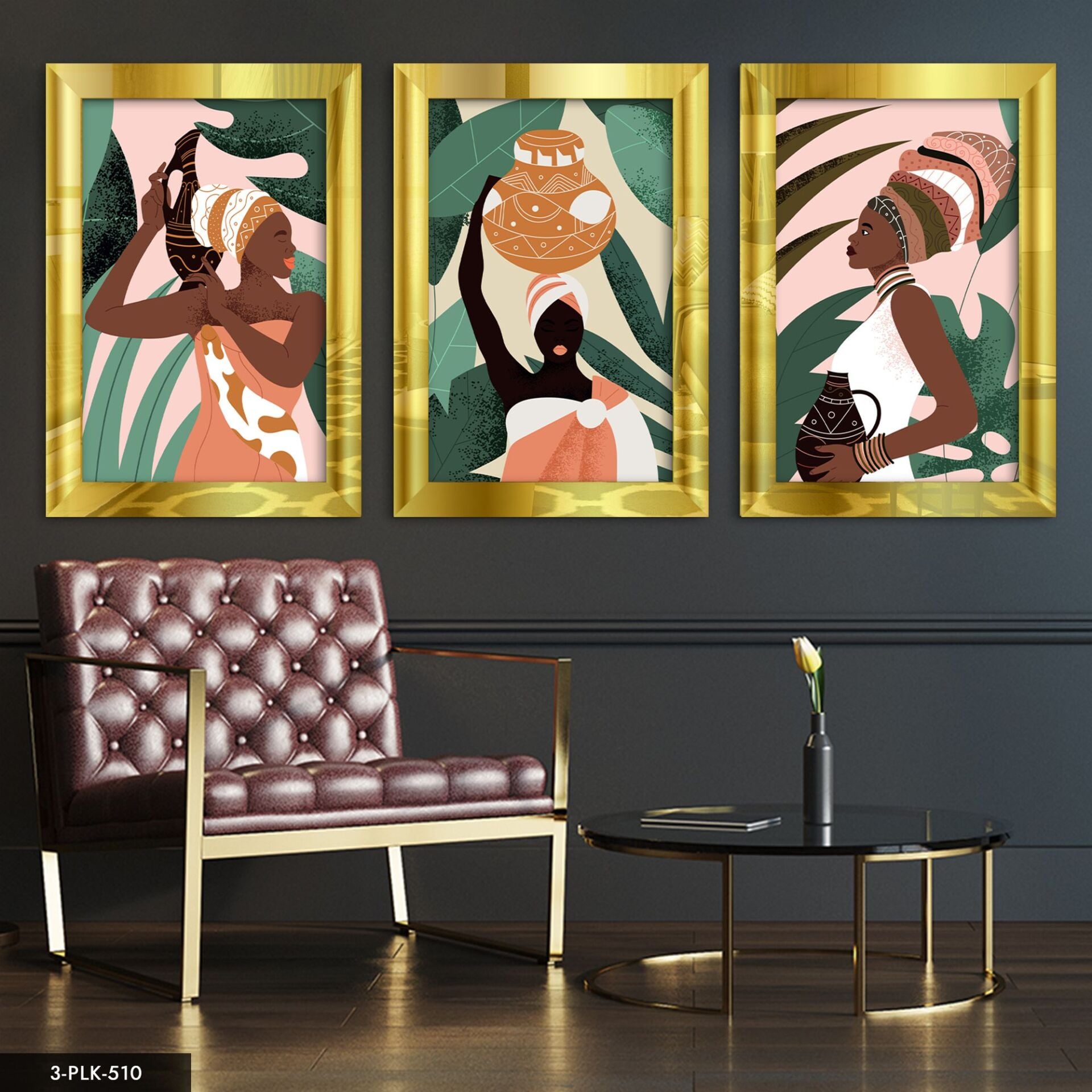 Afrikalı Kadınlar 3 Parça Pleksi Aynalı Tablo 20 x 30 CM - Gold