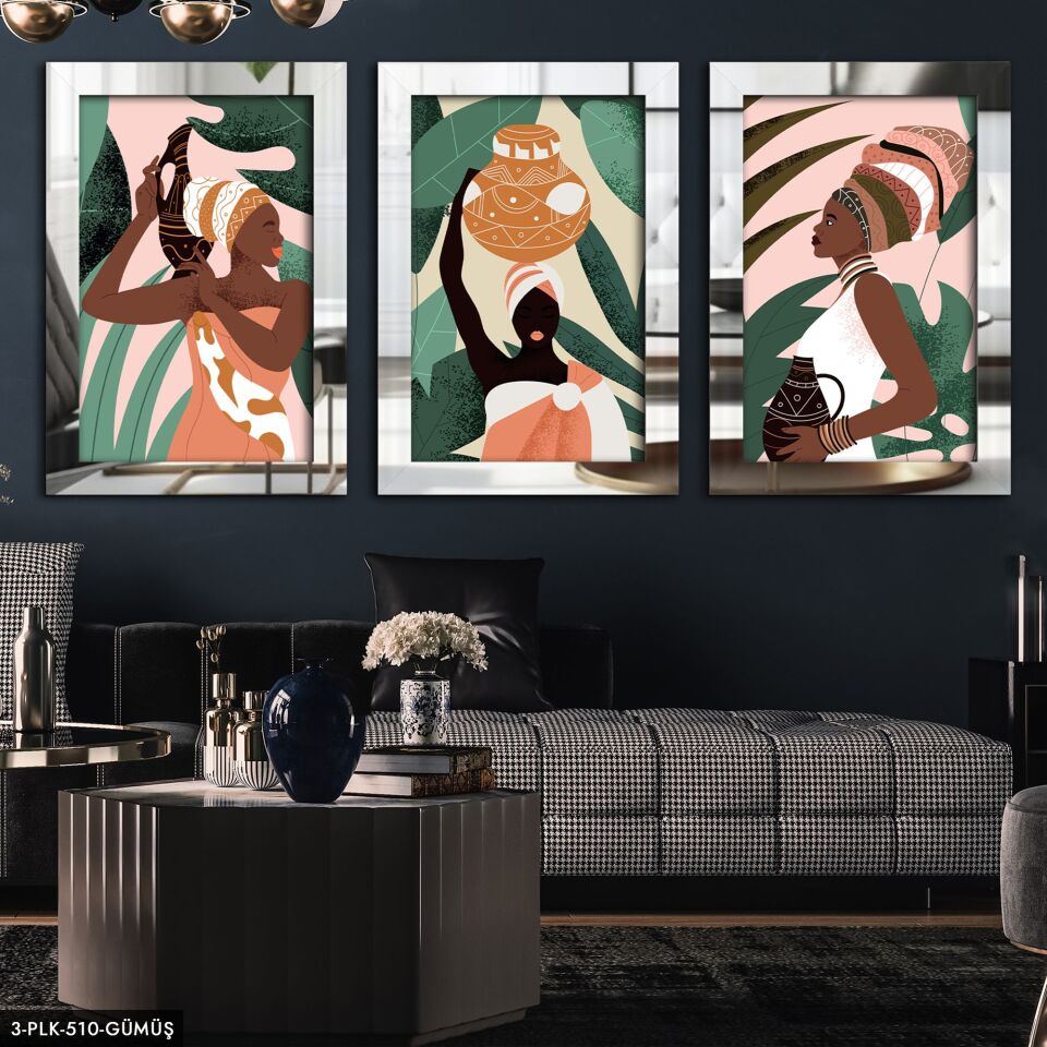 Afrikalı Kadınlar 3 Parça Pleksi Aynalı Tablo 20 x 30 CM - Gümüş