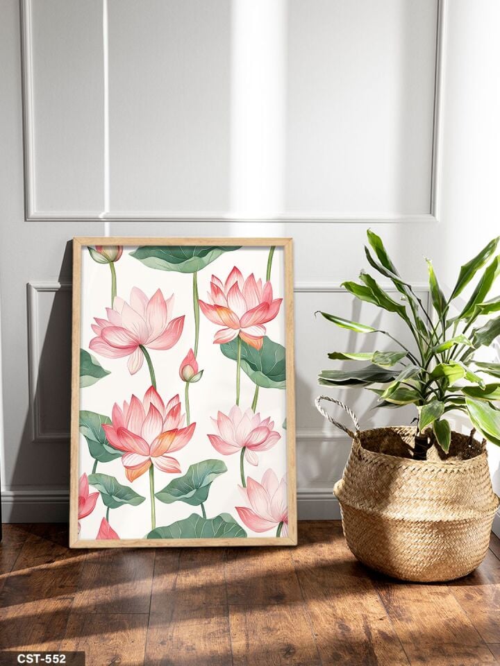 Pembe Nilüfer Tek Parça Ahşap Çerçeveli Tablo Naturel - 20 x 30 CM