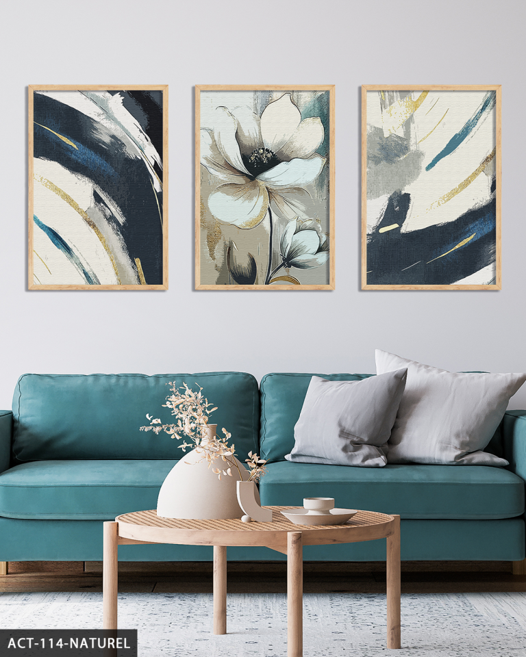 Beyaz Çiçek ve Soyut Sanat 3 Parça Ahşap Çerçeveli Tablo ACT Naturel - 30 x 40 CM
