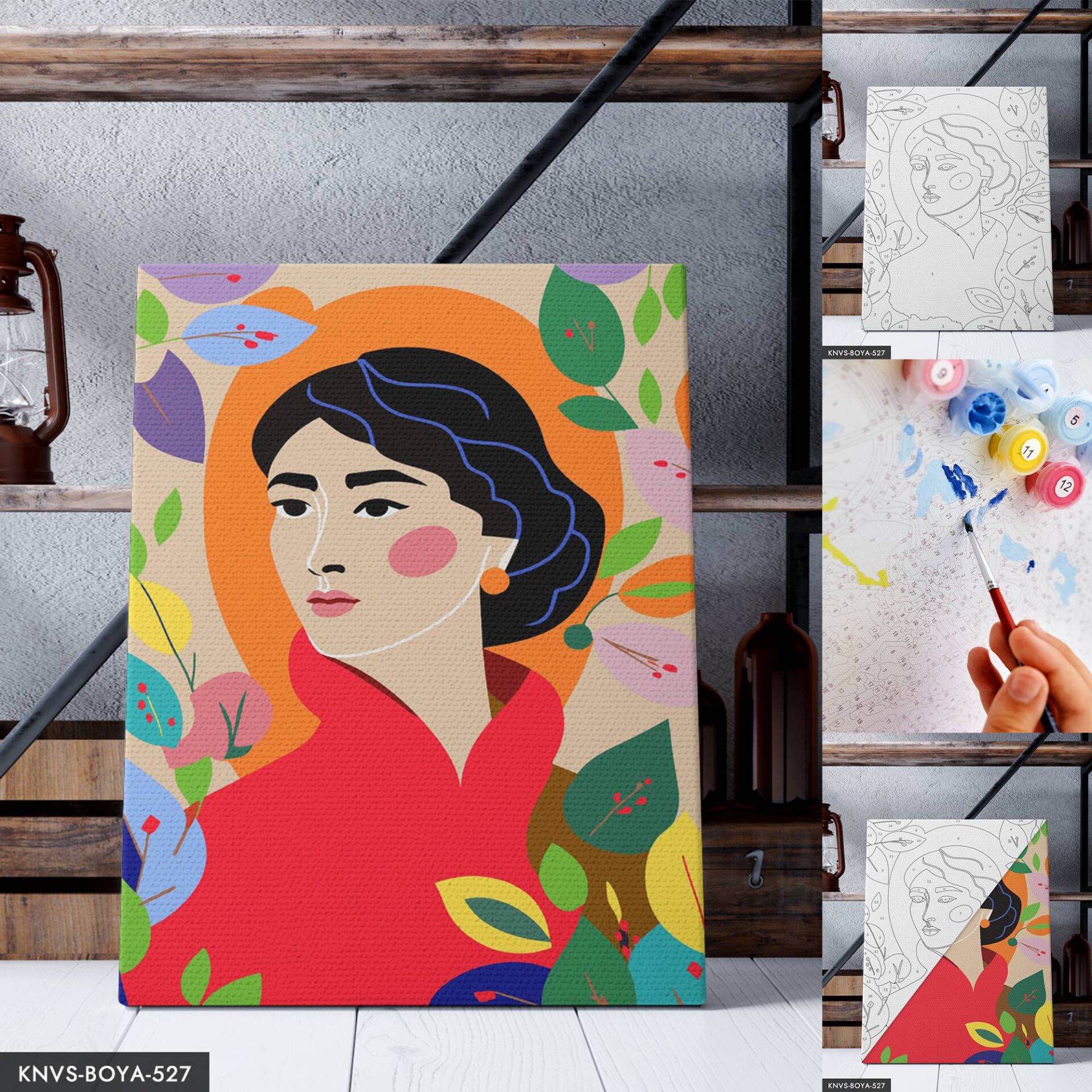 Yapraklar ve Kadın Portre 30x40 CM Sayılarla Boyama Seti