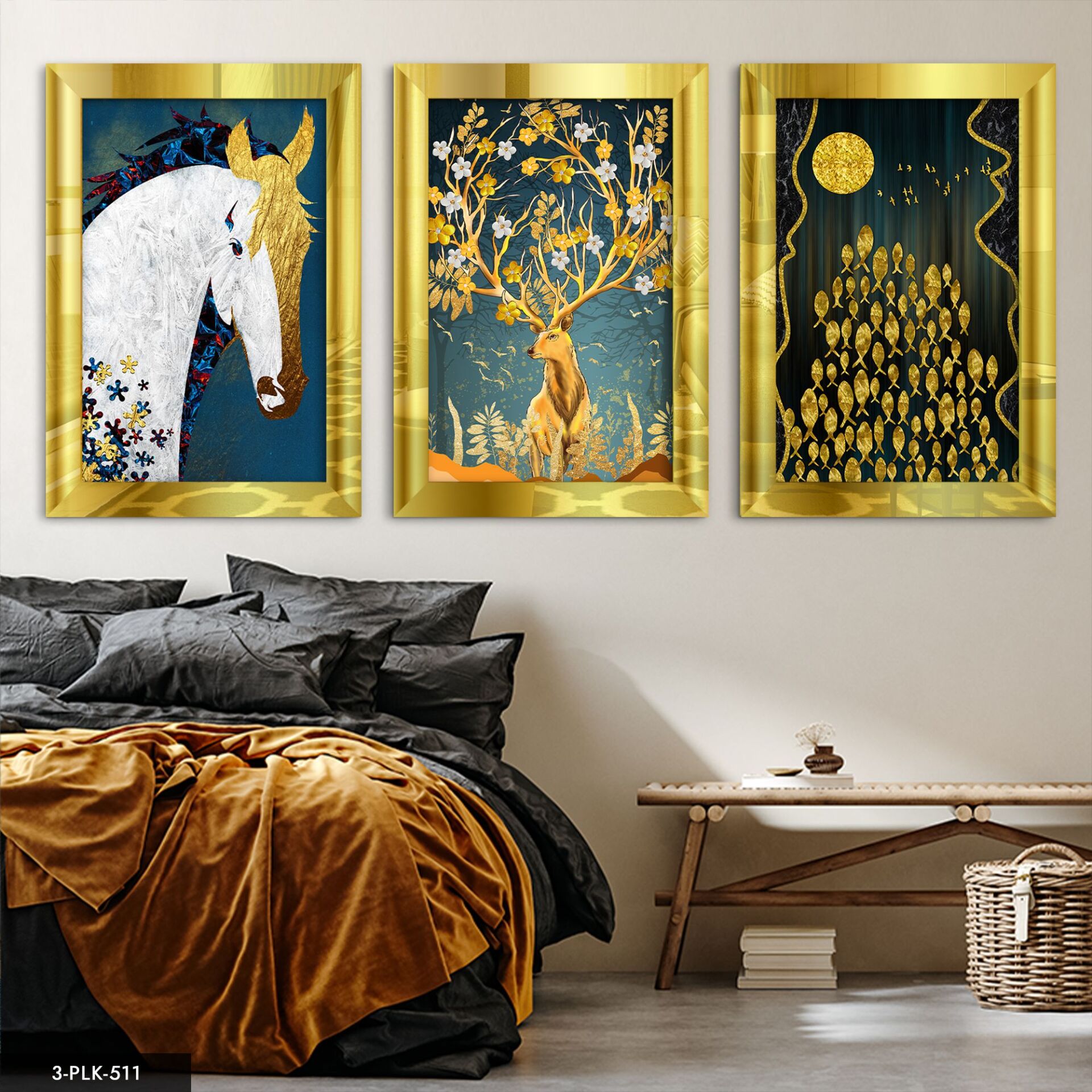 Altın At Balık Kelebek 3 Parça Pleksi Aynalı Tablo 20 x 30 CM - Gold