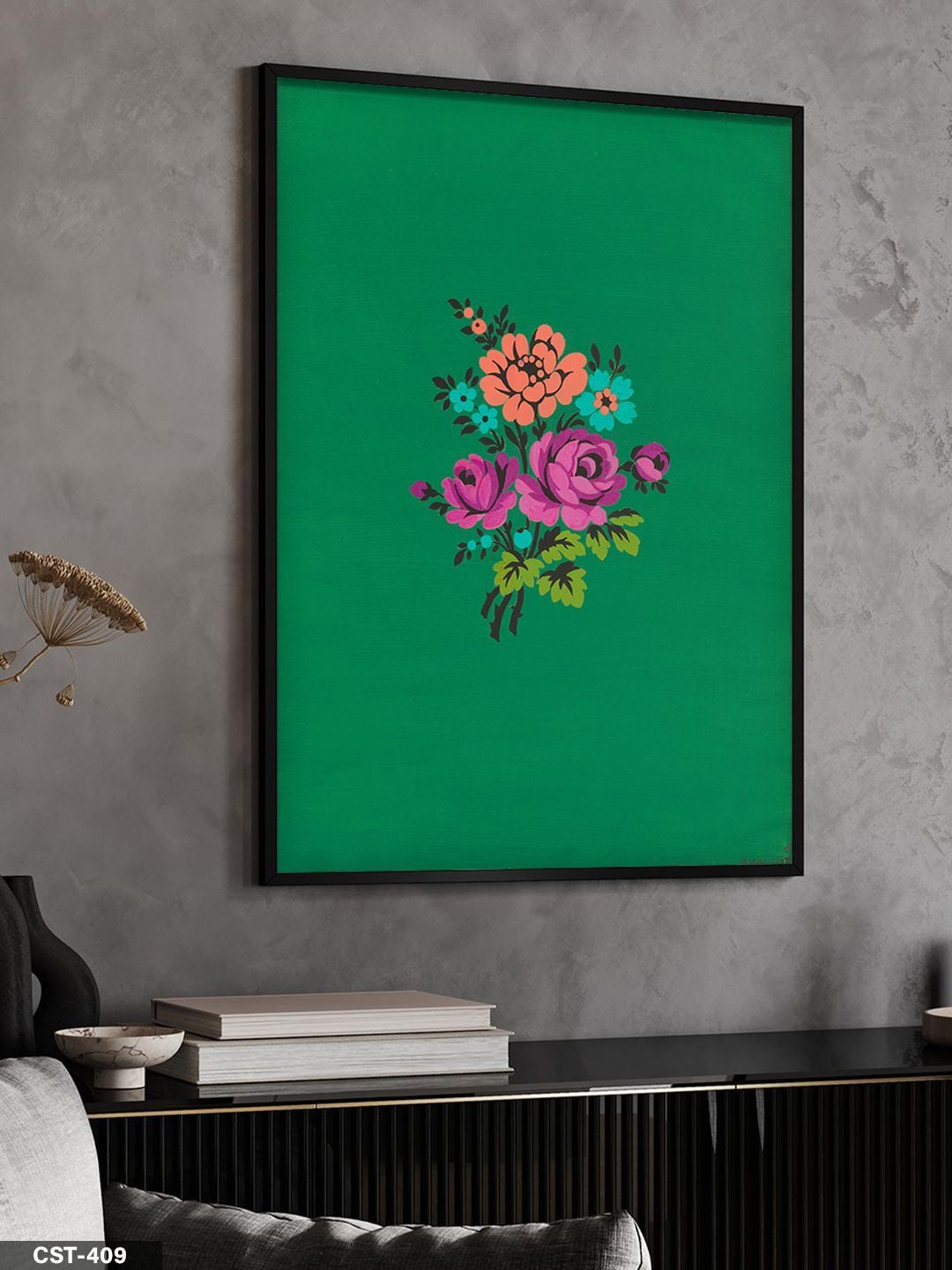 Yeşil Zeminde Renkli Gül Tek Parça Ahşap Çerçeveli Tablo Siyah - 50 x 70 CM