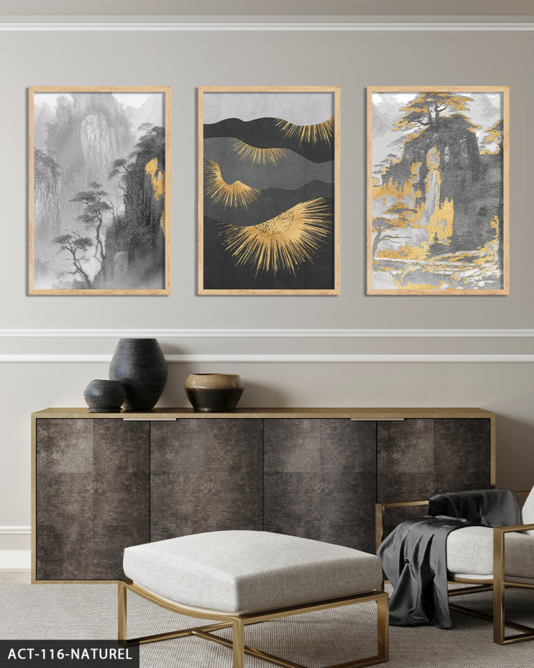 Gold Detaylı Modern Sanat 3 Parça Ahşap Çerçeveli Tablo ACT Naturel - 30 x 40 CM