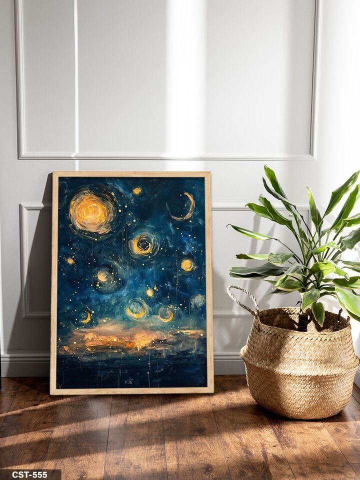 Yağlı Boya Görünümlü Yıldızlı Gece Tek Parça Ahşap Çerçeveli Tablo Naturel - 20 x 30 CM